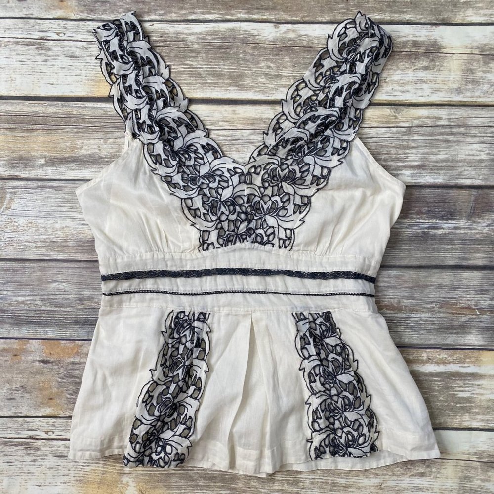 Anthropologie Floreat Anthurium Black Cream Cutout Lace Blouse